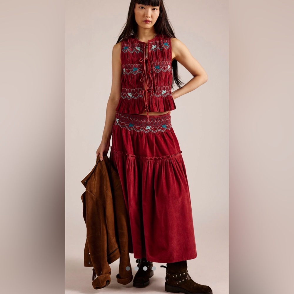 NEW 2 Piece Set Free People Velvet Embroidered Tie Front Top & Midi Maxi Skirt